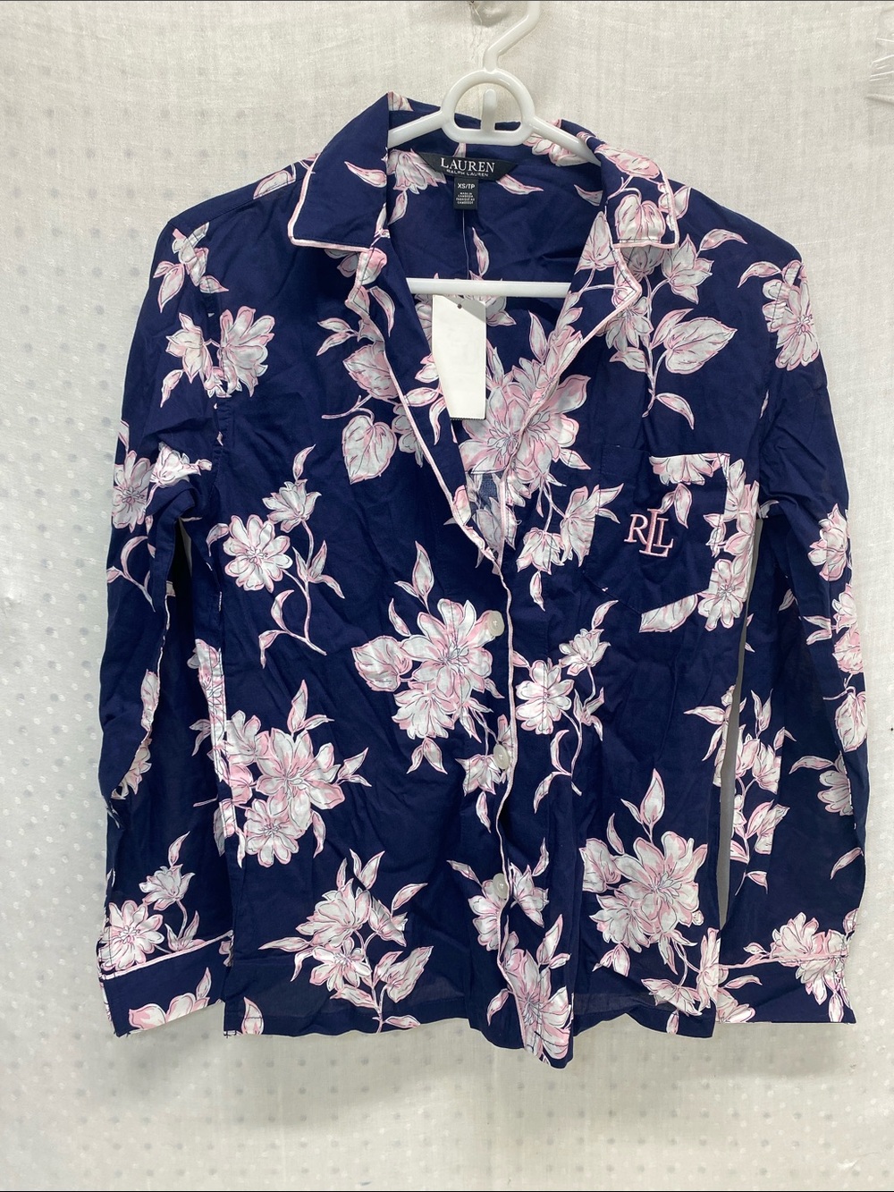 Lauren Ralph Lauren Navy Floral Pajama Top with Pink Trim